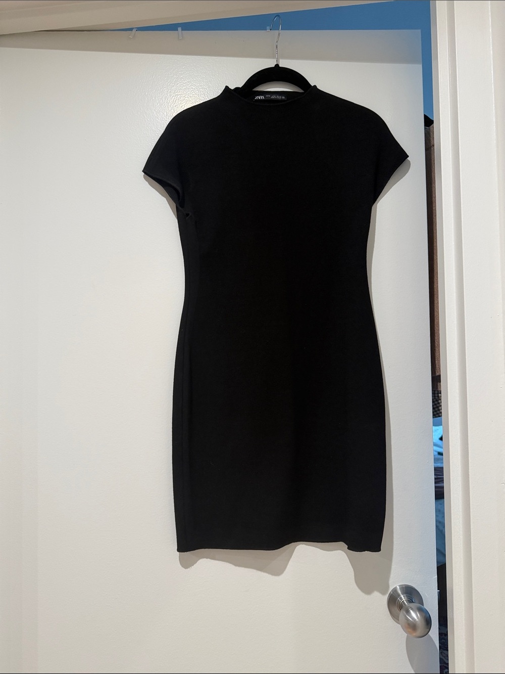 Zara Black Mock-Neck Cap-Sleeve Mini Dress